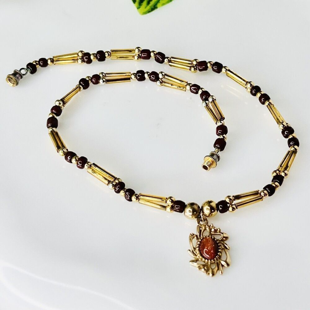 Vintage Signed Bell Jewelry Goldstone Gold Tone Beaded Pendant Necklace 1069